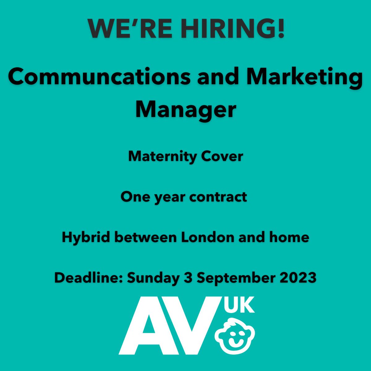 AuditoryVerbal's tweet image. Last few days to apply for the role of Communications and Marketing Manager. Deadline for applications is 23.59 this Sunday, 3 September. Find out more and apply 👉 avuk.org/work-for-us

#Hiring #Job #JobAlert #Communications #Marketing