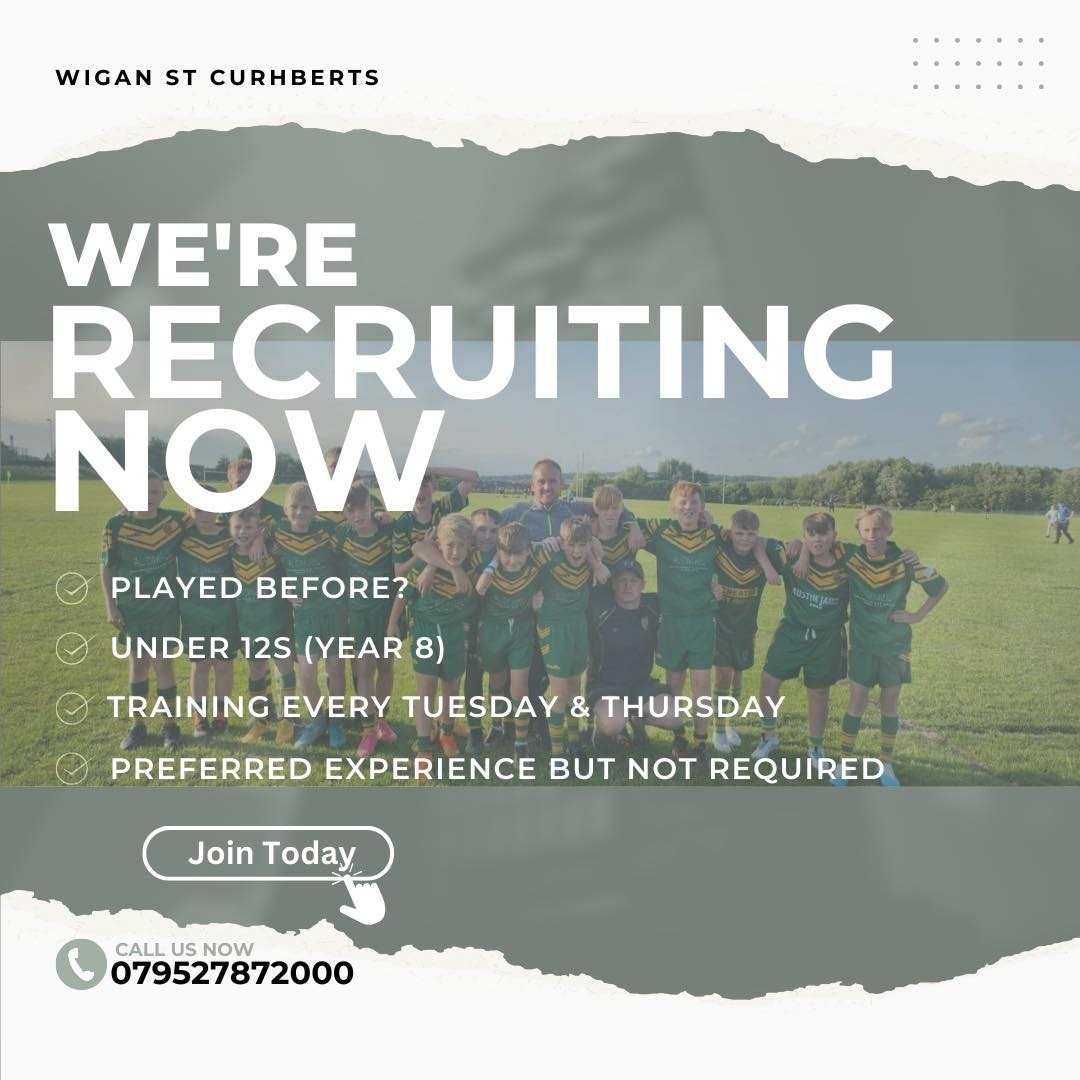 📣 RECRUITING NOW!
WSC U12s want you 👉
Heading into Y8 this September? Looking to pick up a team sport, then come join us at Wigan St Cuthberts.
With the second half of the season about to kick off our U12s are looking to welcome new players into their squad.
💚💛 #wscu12s2023