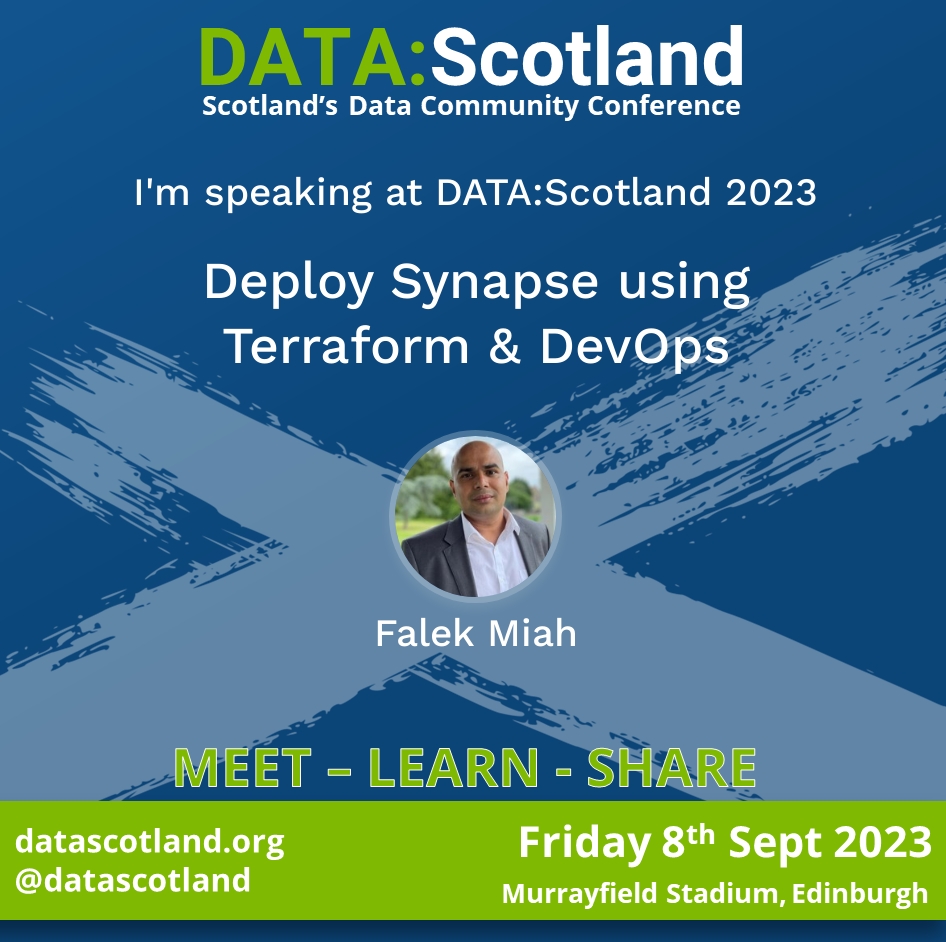 FalekMiah's tweet photo. I'm excited to share that I'll be speaking at #DATAScotland on September 8th!

Come and hear me talk about deploying #AzureSynapse with #Terraform and #DevOps https://t.co/jDENbnD3wq