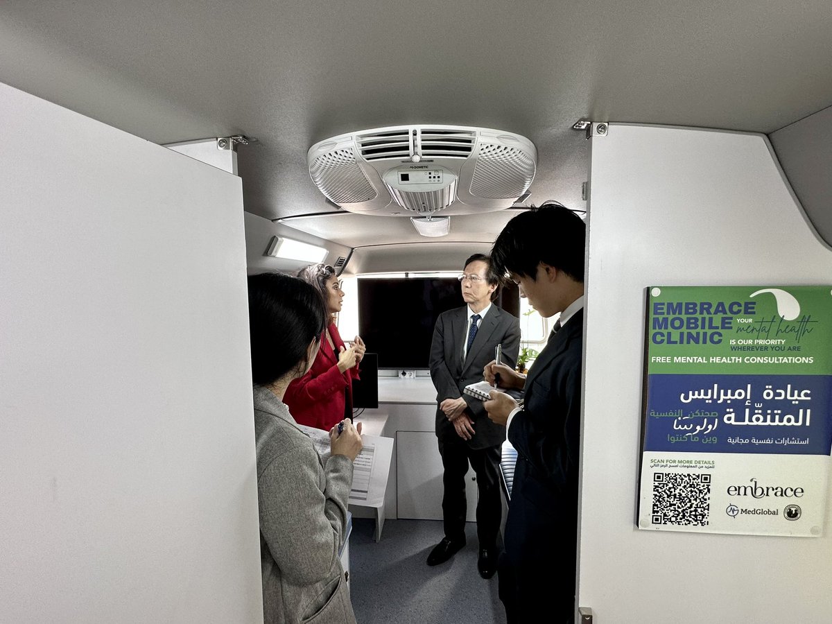 embrace_lebanon's tweet photo. We are thrilled to inaugurate our new Mobile Mental Health Clinic! Thanks to H.E. Magoshi Masayuki, Ambassador of #Japan to #Lebanon, and the Embassy of Japan for their support. Our bus-turned-clinic is now providing crucial #MentalHealth services on the go. 
#MMHC https://t.co/1NPg2TFr4F
