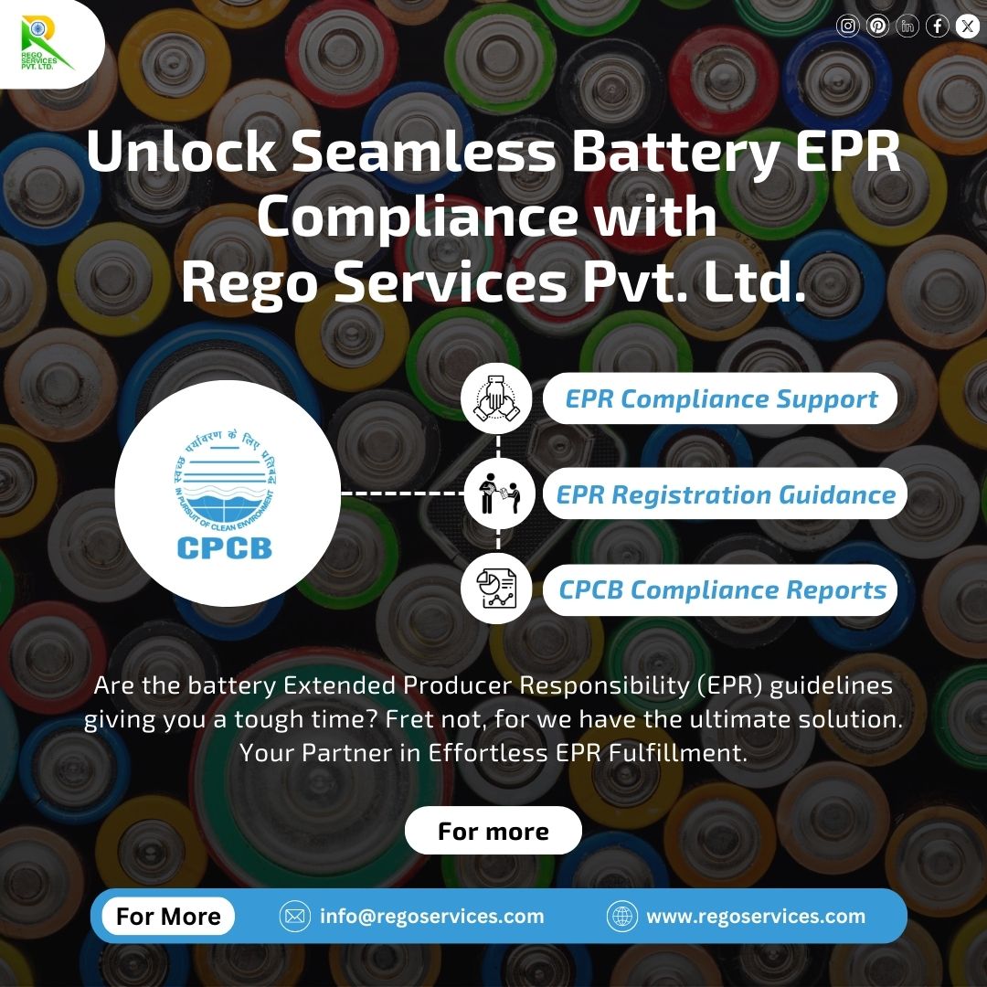 ServicesRego's tweet image. Simplify Battery EPR Compliance with Rego Services Pvt. Ltd.!
Struggling with EPR guidelines? We have the solution! Introducing Rego Services - Your Partner for Effortless EPR Fulfillment.
EPR Compliance Support
Registration Guidance
CPCB Compliance Reports
#EPR #regoservices