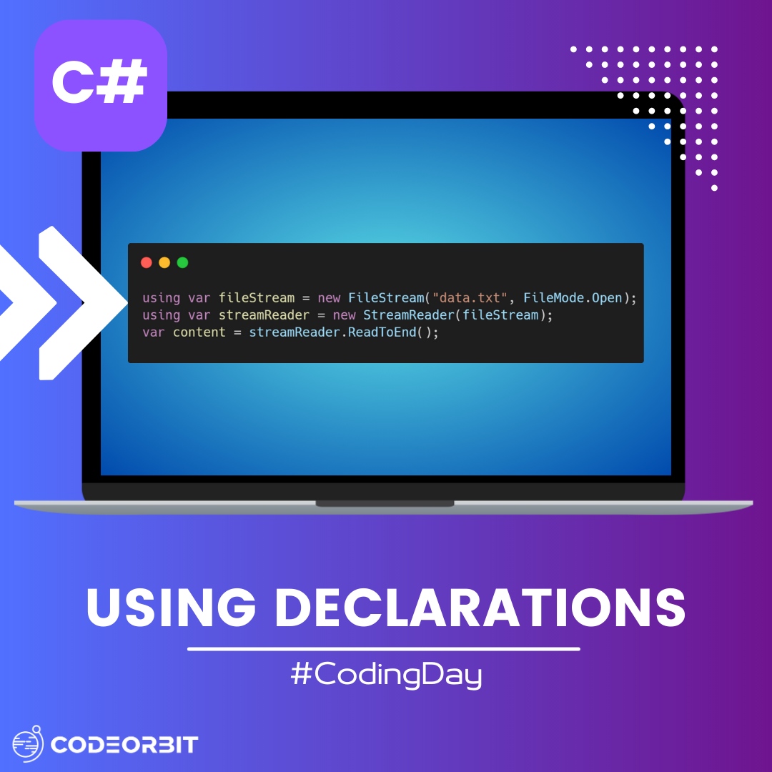 CodeOrbitAT's tweet image. Simplify Resource Management with C#! 🔧 Using Declarations automatically dispose of resources, making your code cleaner and safer. #CSharp8 #UsingDeclarations #CodingDay #CodeOrbit