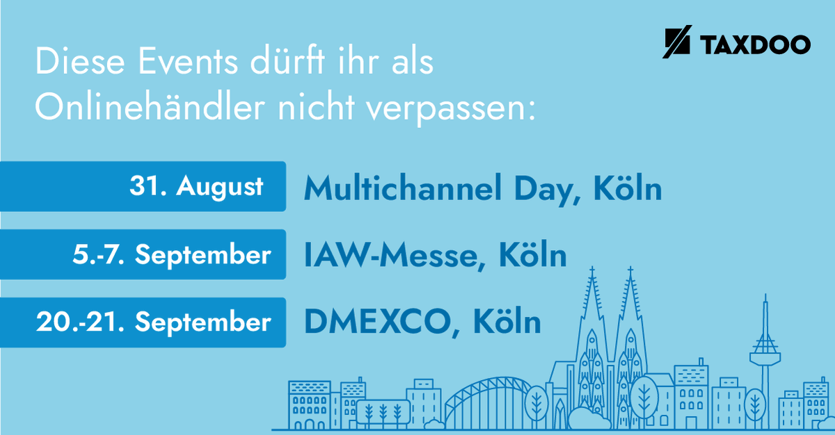 taxdoo's tweet photo. 📣 #Onlinehändler aufgepasst: Dies sind eure Must-Visit #Messen in den nächsten Wochen! 🤩
Und das Beste daran: Taxdoo ist auf allen mit einem Stand und/oder Vortrag vertreten. 🚀
Weitere Informationen findet ihr hier: https://t.co/TkVXPlhbif
#multichannelday #IAW #dmexco https://t.co/BMRy040hz1