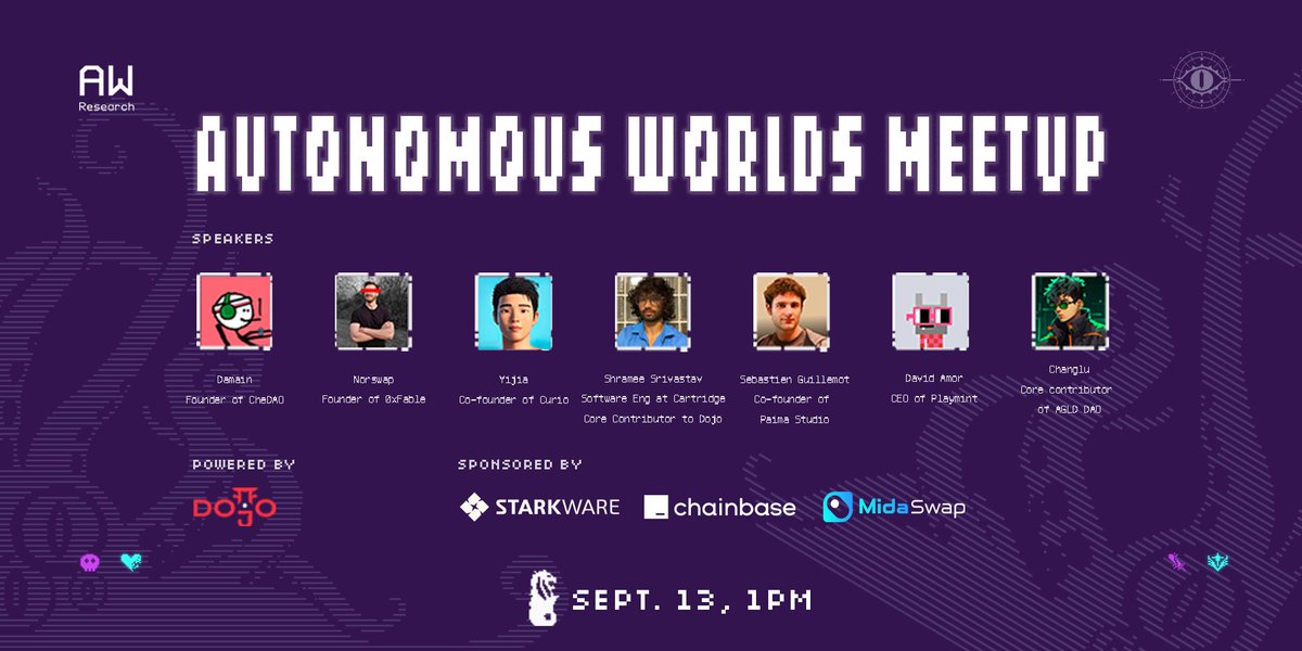 AW Research 🔜 Consensus🇭🇰 (@aw_research) on Twitter photo 🌐Autonomous Worlds Meetup🌐
Sep13th, 1:00-4:00 PM (SG time)
✨We are honored to have the following panel guests join us in exploring autonomous worlds.
<a href="/CheDAOLabs/">CheDAO</a>
<a href="/norswap/">Happy Norswap 🤠🏴☠️✨</a>
<a href="/shrameetweets/">Brother Shramee</a>
<a href="/0x1plus/">Yijia</a>
<a href="/SebastienGllmt/">Sebastien Guillemot</a>
<a href="/damor_eth/">David Amor</a>
<a href="/0xChanglu/">0xChanglu</a>
Register🔽
lu.ma/aw_meetup_toke… 🌐Autonomous Worlds Meetup🌐
Sep13th, 1:00-4:00 PM (SG time)
✨We are honored to have the following panel guests join us in exploring autonomous worlds.
<a href="/CheDAOLabs/">CheDAO</a>
<a href="/norswap/">Happy Norswap 🤠🏴☠️✨</a>
<a href="/shrameetweets/">Brother Shramee</a>
<a href="/0x1plus/">Yijia</a>
<a href="/SebastienGllmt/">Sebastien Guillemot</a>
<a href="/damor_eth/">David Amor</a>
<a href="/0xChanglu/">0xChanglu</a>
Register🔽
lu.ma/aw_meetup_toke…