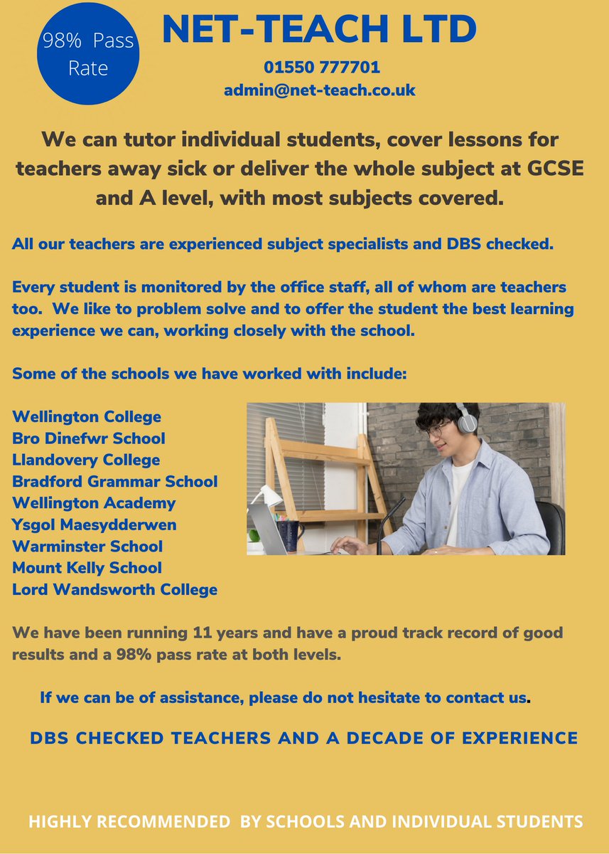 NetTeachLtd's tweet photo. A message for all schools. We can help with most areas of educational provision, from offering full GCSEs and A levels to covering classes for teachers on sick and extra tuition for students. Please call for more information on: 01550 777701 or e-mail: admin@net-teach.co.uk https://t.co/XO935v0LjM