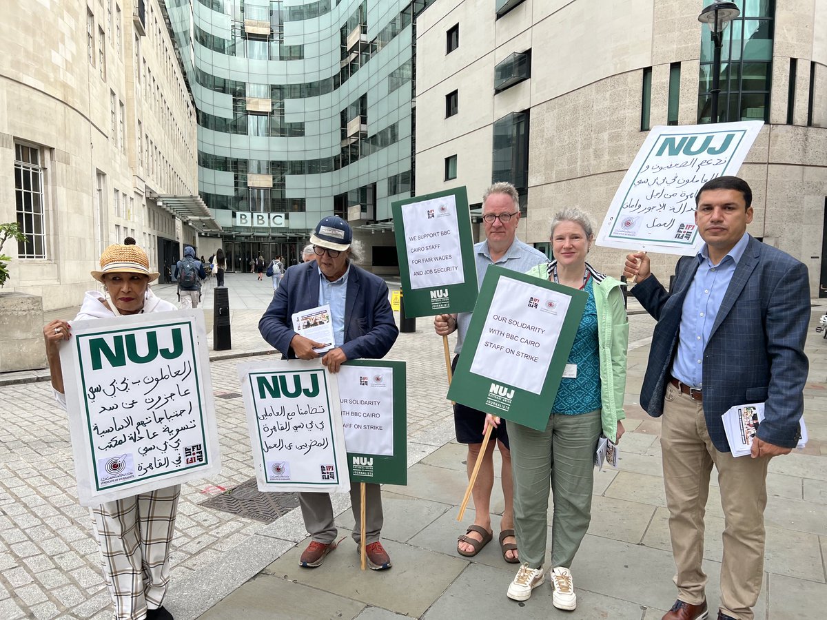 NUJofficial's tweet photo. #NUJ Support #BBC staff in Cairo striking for fair wages and job security ⁦@IFJGlobal⁩ https://t.co/LxEcZjKvJ3