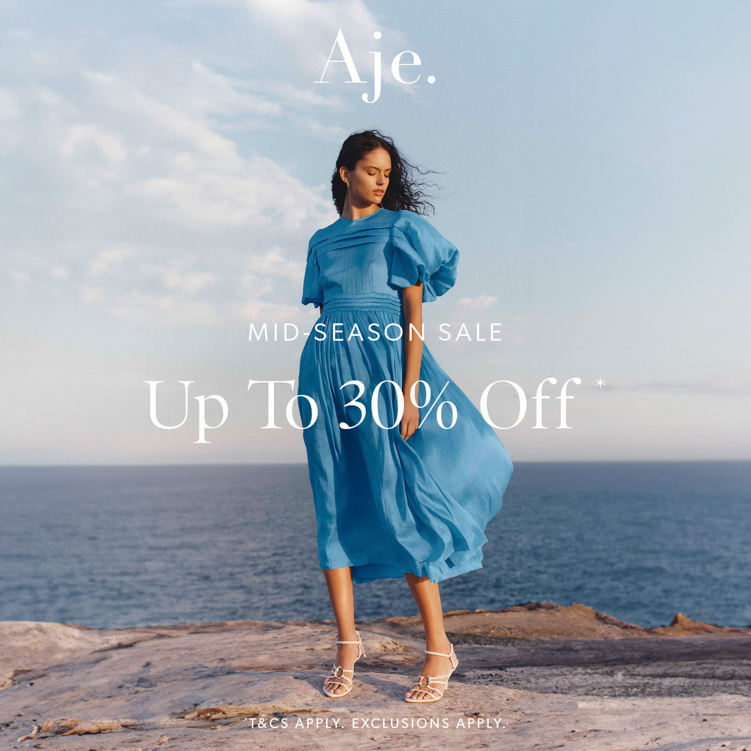 The Aje Mid Season Sale // On now. Up to 30% off past season collections. Shop the Sale online and in stores. Prices as marked. T&amp;Cs apply. Shop now > bit.ly/3Pf3M8w #AjeWorld