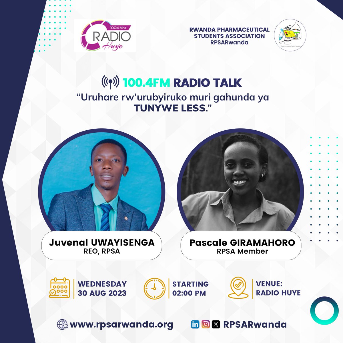 RPSARwanda's tweet photo. 🎙️ RPSA ON AIR.
Join us this Wednesday, for two insightful Radio Talks!
02:00PM - @RadioHuye for 'Uruhare rw'urubyiruko muri gahunda ya #TunyweLess. '
04:00PM - Salus Radio for 'Uruhare rw'imyitozo ngororamubiri mu kurwanya indwara zitandura.'
#HealthyLiving #RadioTalks https://t.co/8kqTTTPa6G