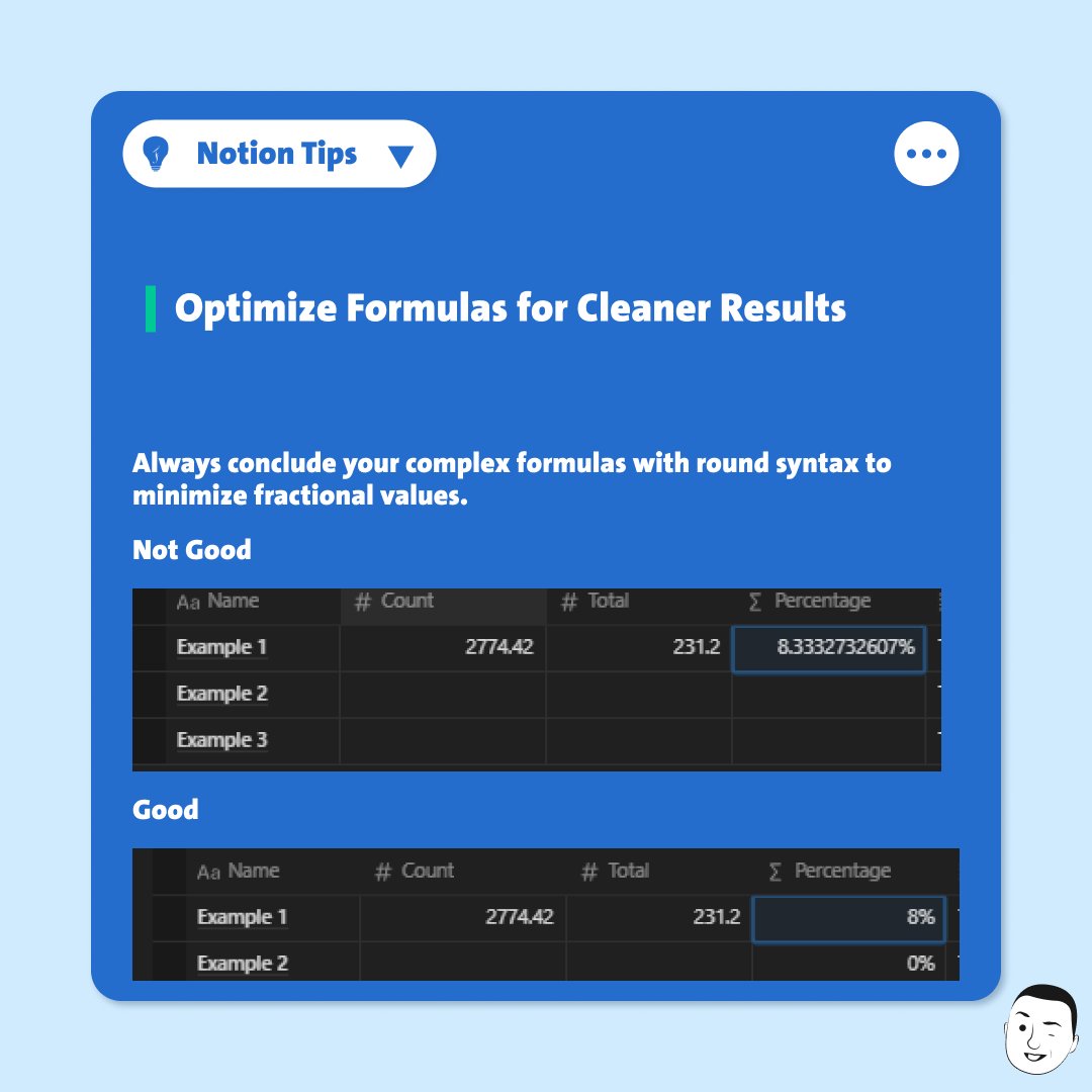 FayedNotions's tweet photo. Simplify Your Formulas for Neat Results!

Learn how to tidy up your calculations with "round syntax" 

and minimize those pesky fractional values

round(prop("column 1") / prop("column 2") * 100) / 100 https://t.co/XxvlxDnY72