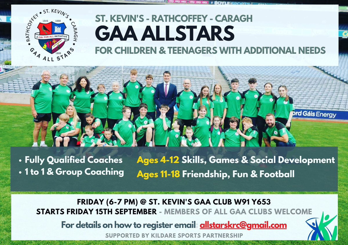 CLG Naomh Caoimhín (@stkevinsgfc) on Twitter photo St Kevin's Rathcoffey Caragh GAA Allstars will be back on September 15th through to October 27th from 6pm to 7pm at St Kevin's GAA.
Link to register
forms.office.com/r/GdUhZJnMQ5
We can’t wait to welcome you all back !!
@caragh_gaa @rathcoffey_gaa <a href="/KildareGAA/">Kildare GAA</a> <a href="/KildareSP/">Kildare Sports Partnership</a> St Kevin's Rathcoffey Caragh GAA Allstars will be back on September 15th through to October 27th from 6pm to 7pm at St Kevin's GAA.
Link to register
forms.office.com/r/GdUhZJnMQ5
We can’t wait to welcome you all back !!
@caragh_gaa @rathcoffey_gaa <a href="/KildareGAA/">Kildare GAA</a> <a href="/KildareSP/">Kildare Sports Partnership</a>