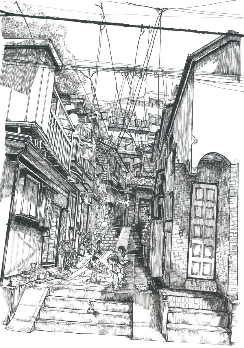 たまに道路などにチョークなどで落書きがあると、
なんとなく嬉しくなります😊
過去絵ですがペン画の作品です。
タイトル　落書き町
#ペン画　#背景画　#芸術同盟