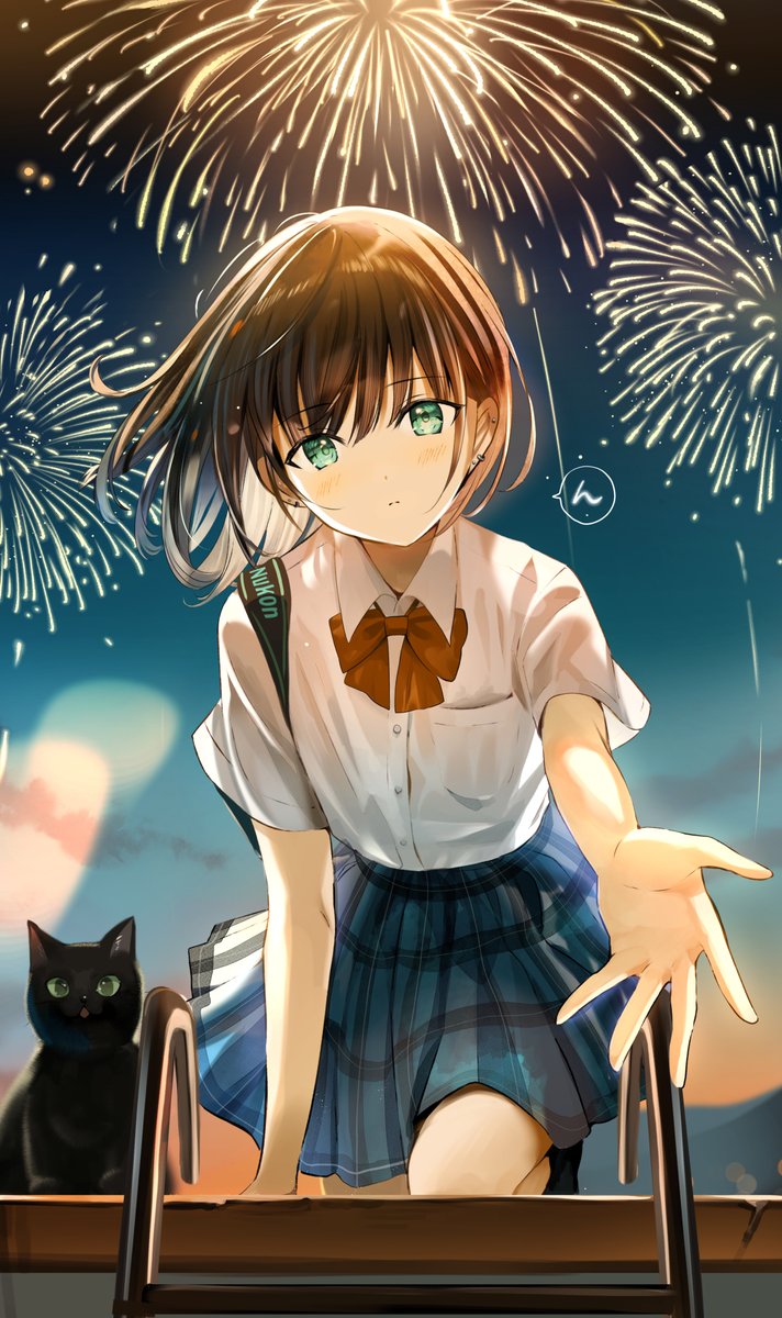 1girl fireworks skirt cat shirt brown hair school uniform  illustration images