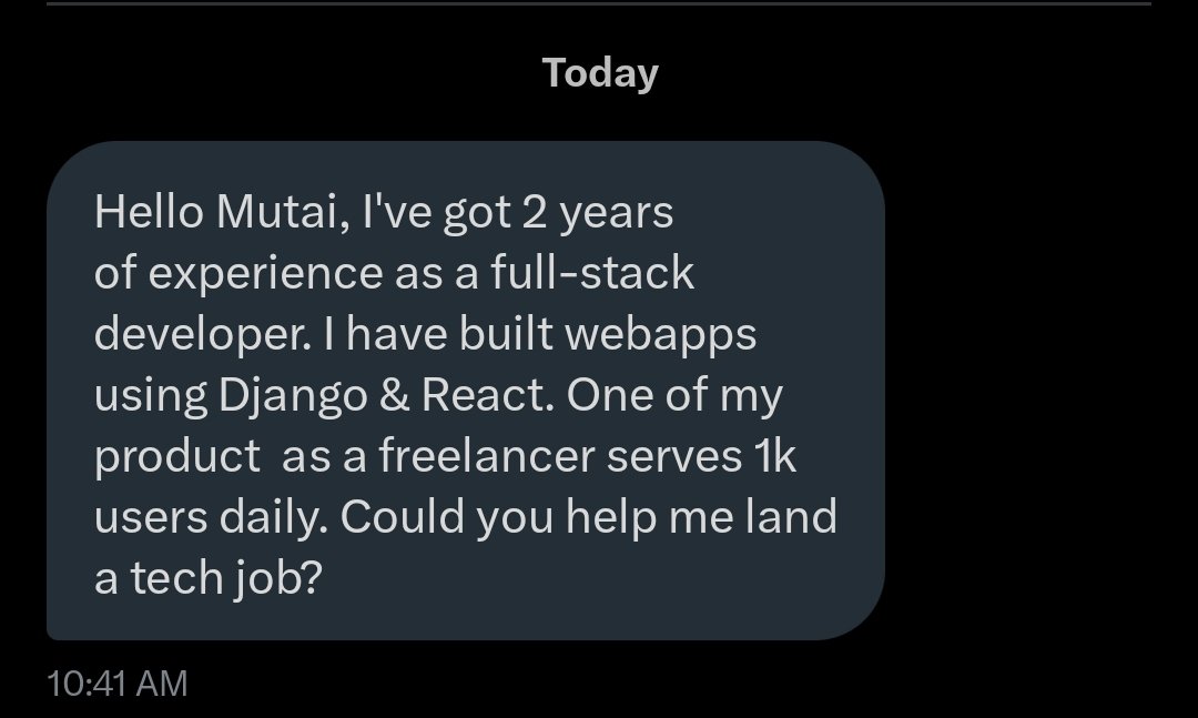 ItsDevMutai's tweet image. A brother here needs help. This is his message from my DM. He has 2 years experience building webapps in Django and ReactJS. Anyone who can help, kindly reach out, or comment on open opportunities. He will be following.