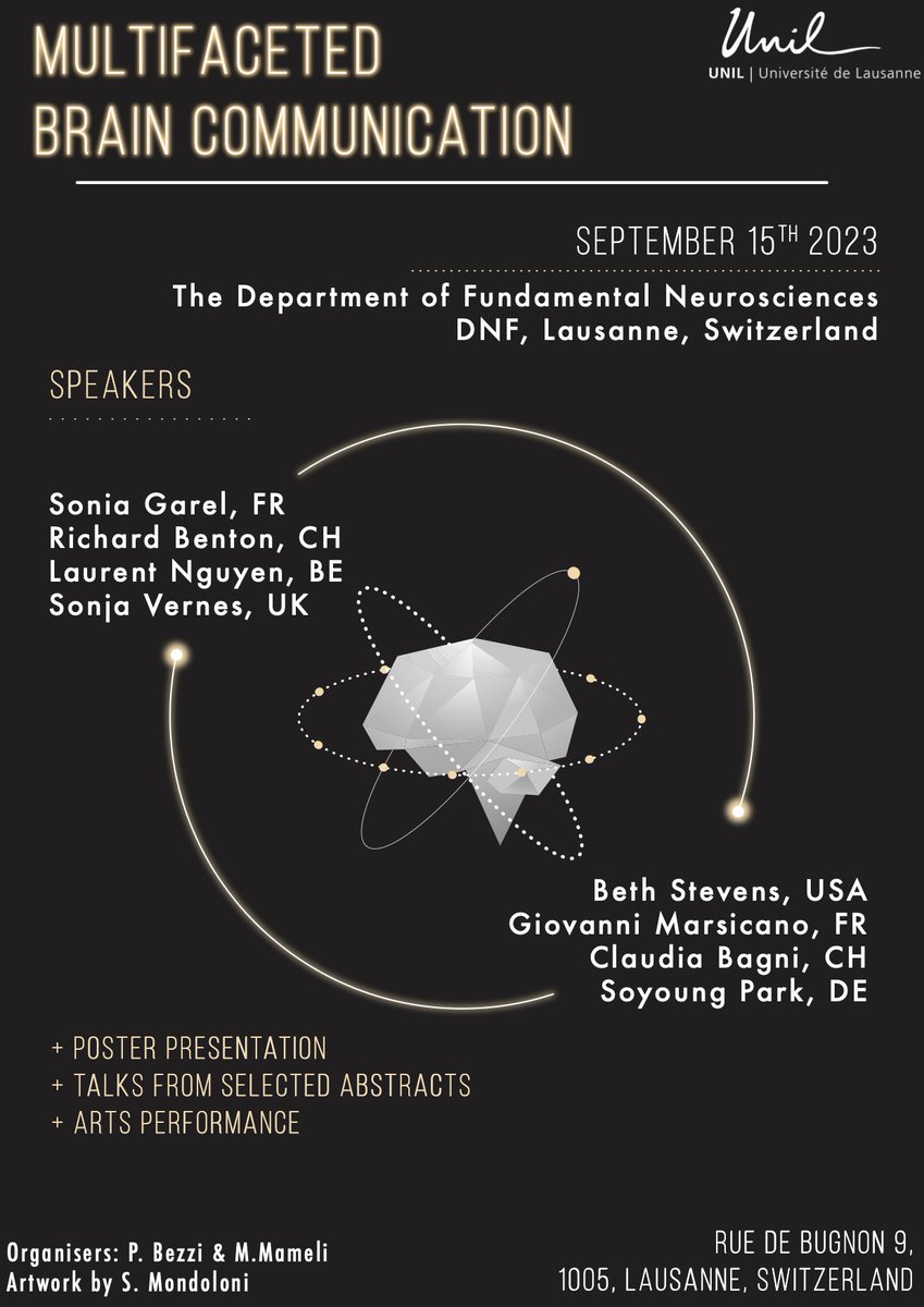 DNF_neuro's tweet image. Join us @DNF_neuro symposium happening on Sep 15, 2023. Explore how neural cells interact with other systems through evolution, shaping brain functions and impacting disease. Registration before Aug 31: bit.ly/45sHwxz. #Neuroscience #Brain @FBM_UNIL