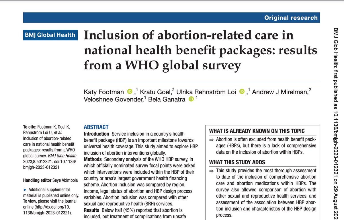 Great to see our paper is now out: bit.ly/45xQIRA We found abortion services and medications are often not included in health benefit packages, & highlight the need for abortion to be prioritised in UHC. @kratugoel @LoiUlrika @andrewmirelman @VeloshneeG @bganatra