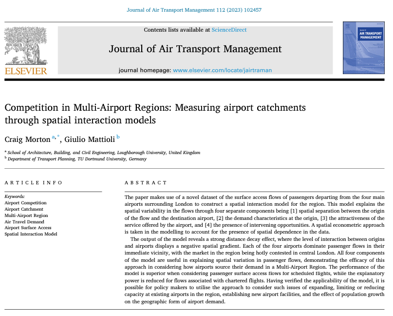 This interesting paper by <a href="/cl_morton/">Craig Morton</a> (with a little help from me) was published during the summer. doi.org/10.1016/j.jair… 

It looks at competition between London airports, finding "each of the 4 airports dominate passenger flows in their immediate vicinity"