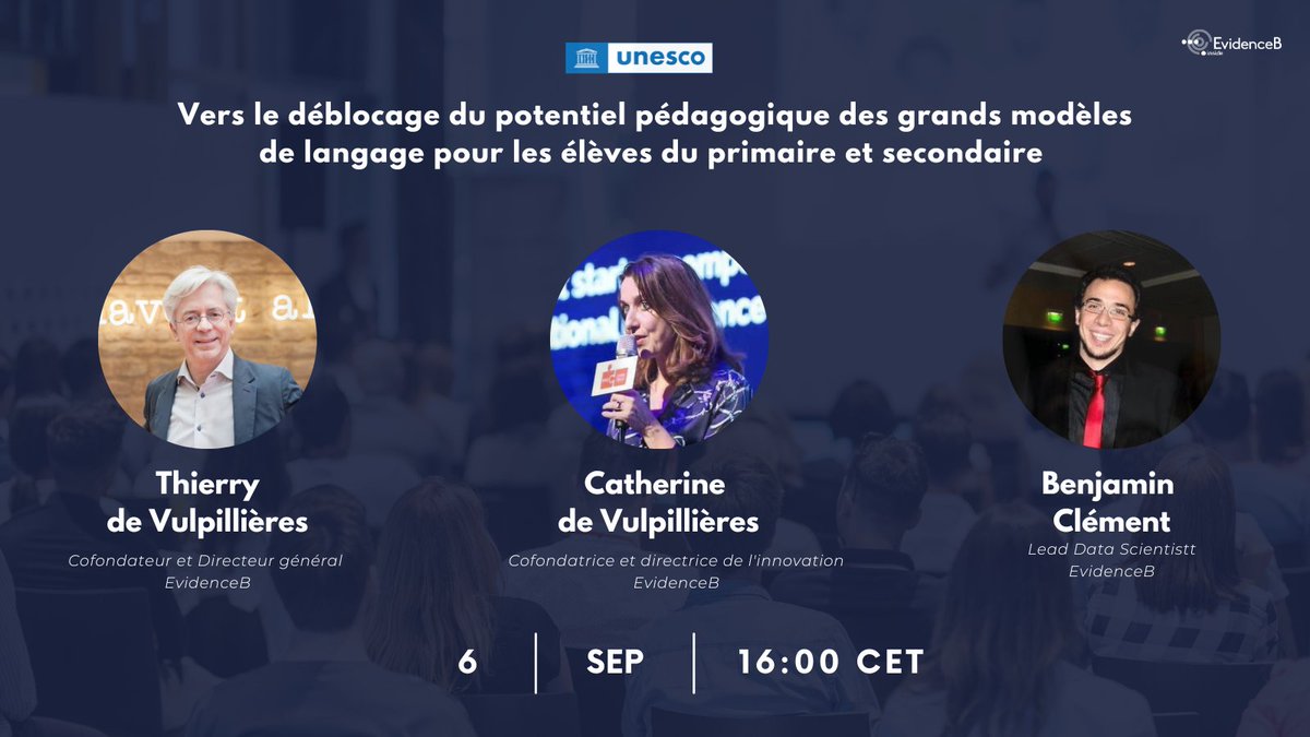 T_EvidenceB's tweet photo. 📢RDV le 6 septembre
Ne ratez pas l'intervention de l'équipe #EvidenceB lors de la #DigitalLearningWeek de l'@UNESCO   

Au programme :  
Comment préparer les élèves et les enseignants à une utilisation responsable de l'IA ?

#education #AIforEducation #adaptivelearning https://t.co/hafDBevFXt