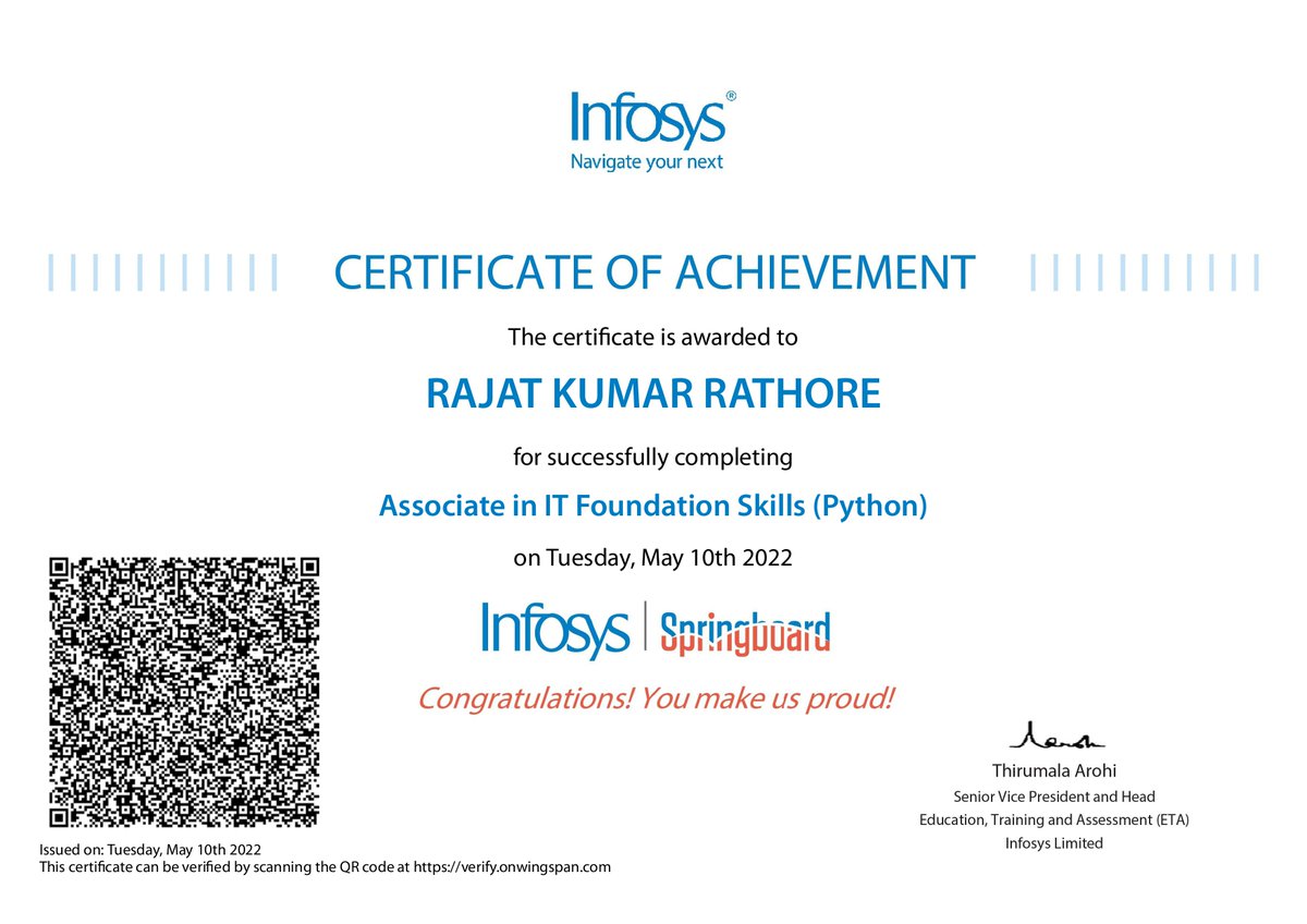 realrkrathore's tweet image. 🎉 Proud moment: I've earned my Python certification from Infosys! 🐍🏆 Excited to amplify my coding prowess and contribute to the digital landscape. Ready to bring dynamic solutions to life! 💻💡 #PythonCertified #InfosysTech #SoftwareEngineer #CodingJourney