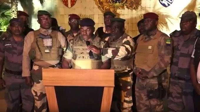 ReactivateNGR's tweet photo. Garbon, August 2023 🇬🇦: Gabonese Military Officers announced taking over power from President Ali Bongo, after the Electoral Commission said President Ali Bongo had won a third term. https://t.co/VAOCu8oefC