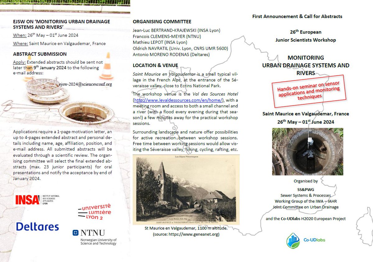 📣 Very interesting opportunity for young scientists, #PhDstudents and starting #postdoc researchers.

🧑‍🏫Workshop on monitoring urban drainage systems and rivers. 

📅 26th May to 1st June 2024.
❗️ Abstract submission: 9th January 2024

🧐 Check info: ejsw-2024.sciencesconf.org