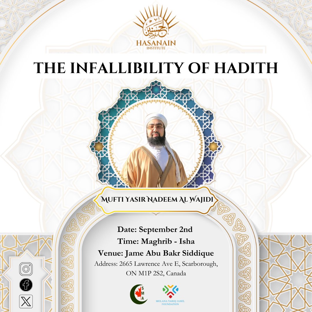 Hasanain Institute is excited to announce its tour of the beautiful city of Toronto with Mufti Yasir Nadeem Al Wajidi (@Mufti_Yasir). Join us for an enlightening and enriching discussion on modern challenges that Muslims are facing and their solutions.