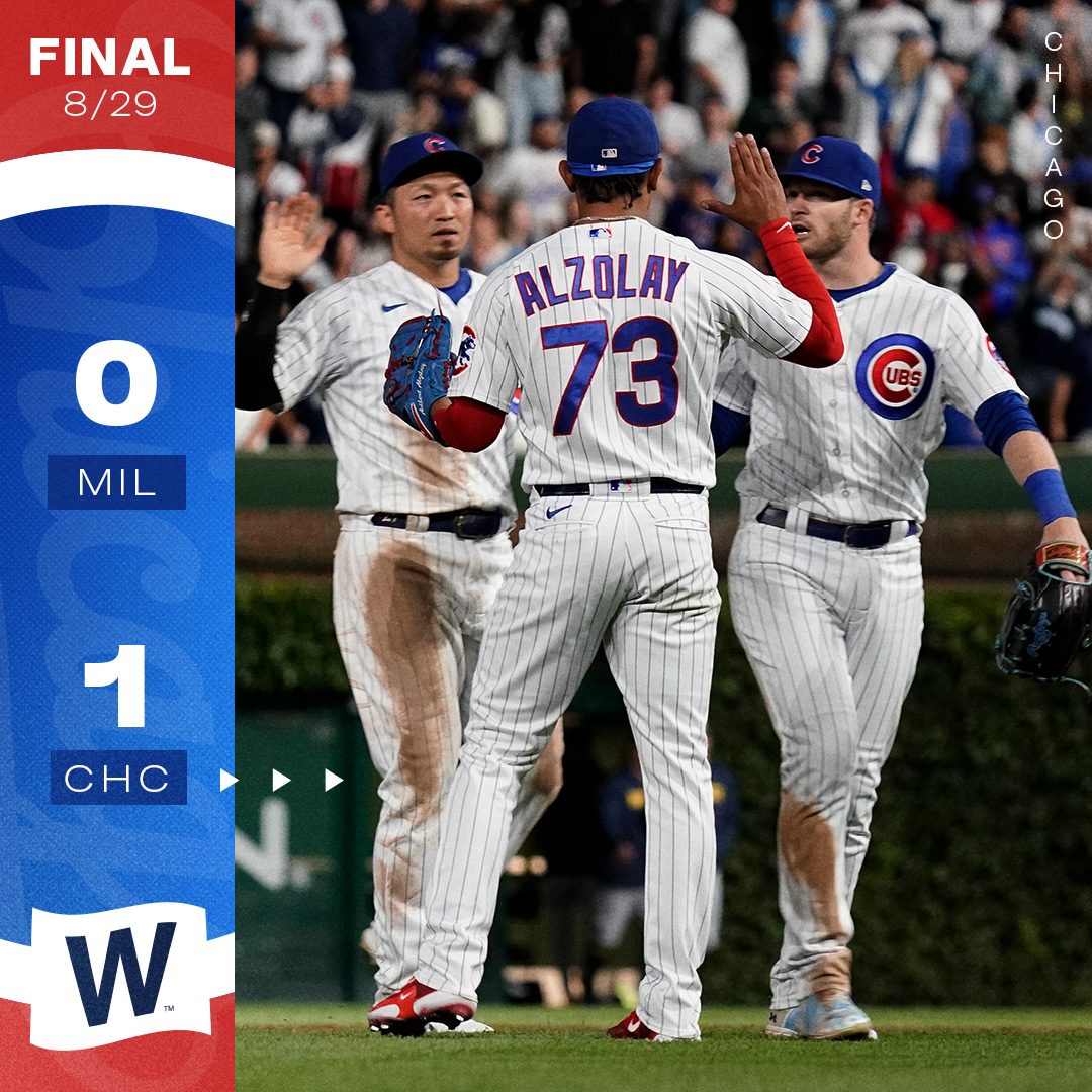 Cubs's tweet photo. Hey, Chicago, whaddya say?

Steele: 15th W (tied for MLB lead)
Bellinger: 54 RBI since July 1 (leads MLB in that span)
Alzolay: 18-straight saves since July 5 (most in MLB in that span) https://t.co/GF0DAiZJFm