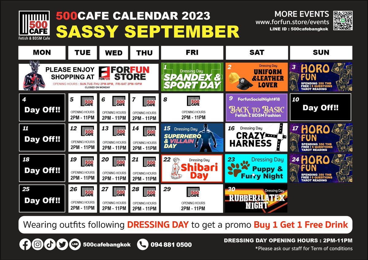 Sassy September 🤤 🗓️ FORFUN Events Calendar - September 2023 at @500cafebangkok Fri 1 : 👔 Dressing Day - Spandex & Sport Day Sat 2 : 👔 Dressing Day - Uniform & Leather Lover Sun 3 : 🔮  Horo Fun - Tarot Reading Sat 9 : 🥳 FORFUN Social Night #18 Back to Basic Fetish & BDSM…