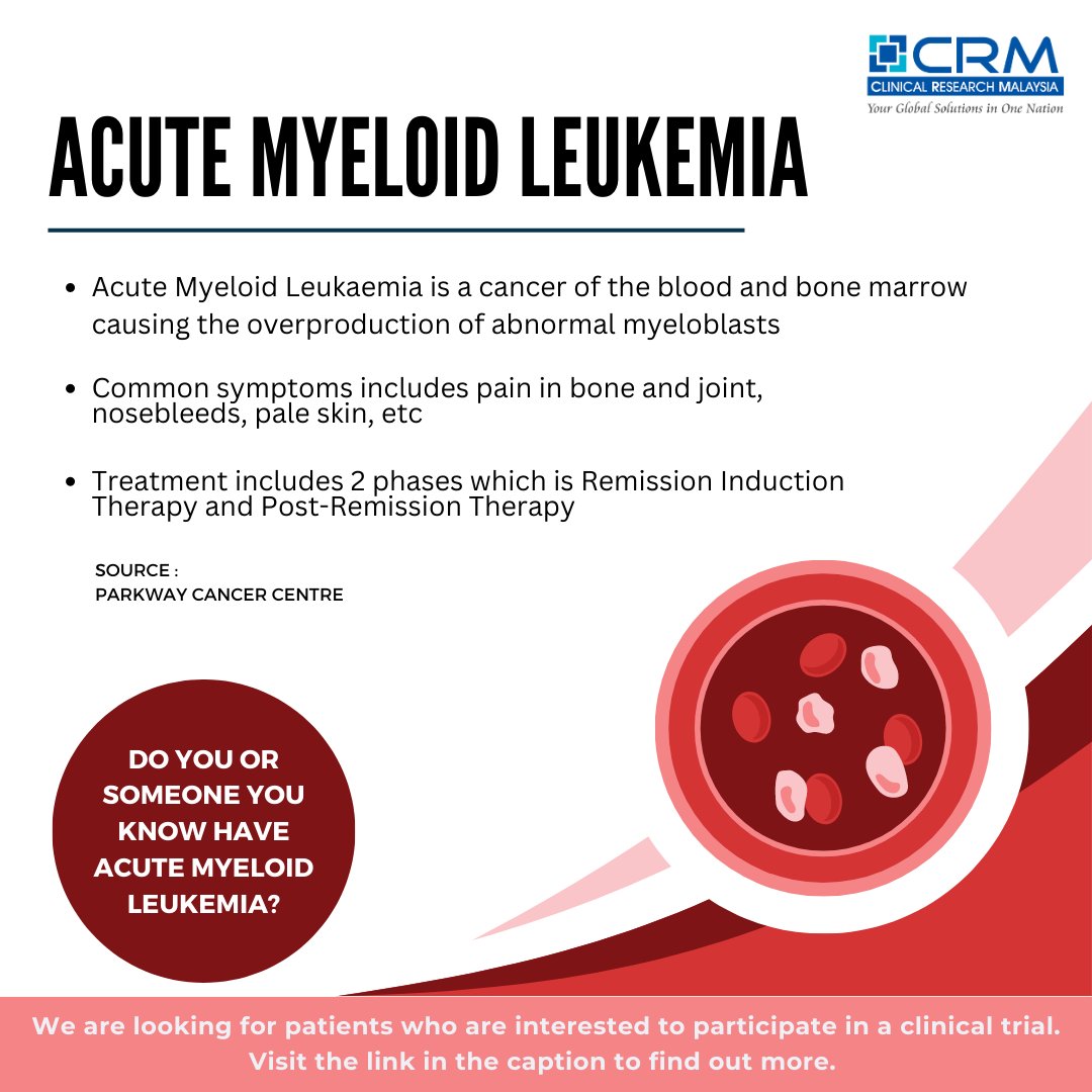 We are looking for patients with Acute Myeloid Leukemia condition. Visit the link below if you are interested to partake in our clinical trial!

clinicalresearch.my/condition/acut…

#findaclinicaltrial #clinicalresearchmy #acutemyeloidleukemia