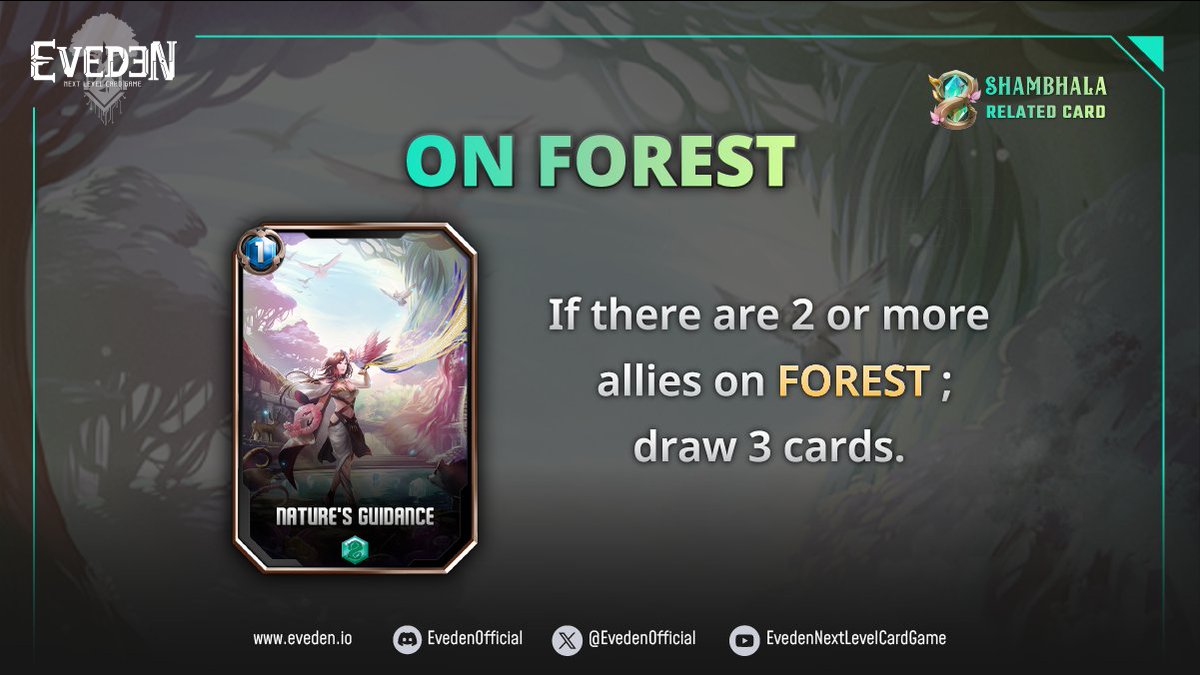 EvedenOfficial's tweet photo. Some Character or Tech cards can only be used in the situation that an ally is on a specific tile. For example “Nature’s Guidance”, it is a card that has an ability “If there are 2 or more allies on 〖 FOREST 〗; draw 3 cards.". If nature guides you the way, why won’t you stay in the forest?
