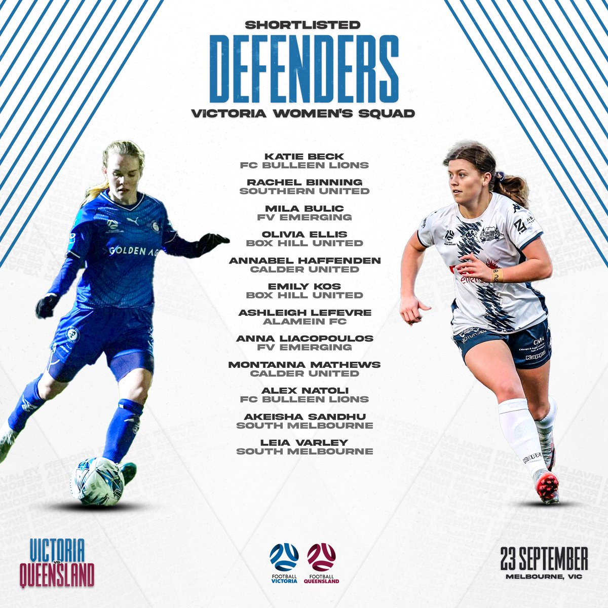 footballvic's tweet photo. As we countdown to #VICvQLD, have your say and pick your starting XI for the NPL Victoria Select Team supported by Ultra Football for the Battle of the States Double Header. ⚽

Voting closes at 9am on Monday 4 September: https://t.co/Dy2ZGAVTvo 

🎟: https://t.co/jRBVOhuHUW https://t.co/iTjQtlfnK4