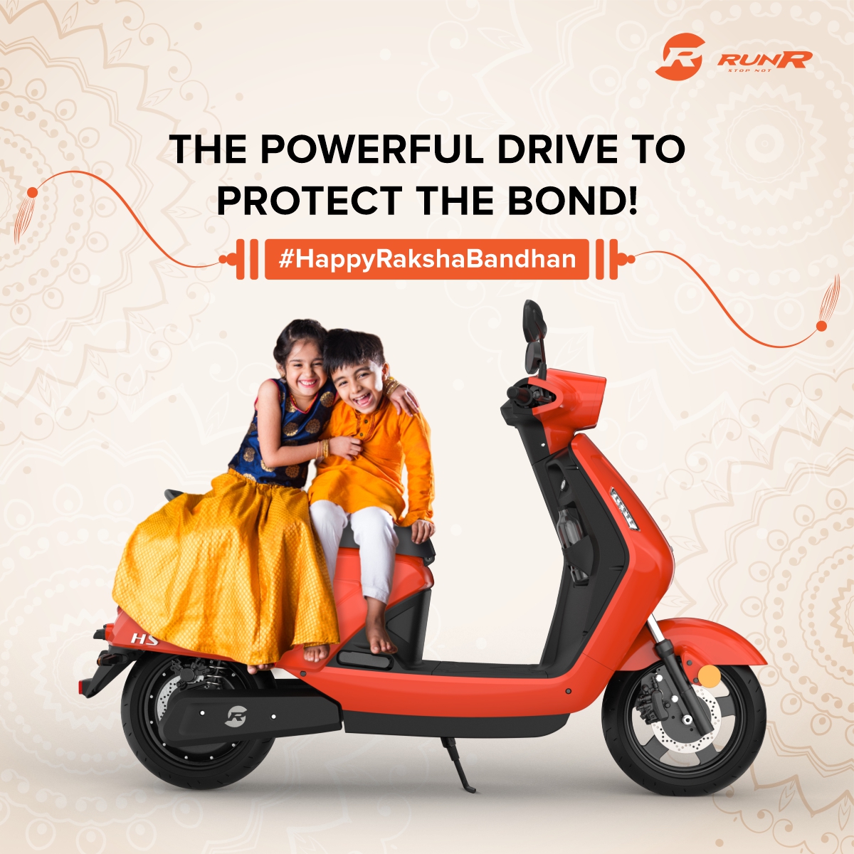RunRMobility's tweet photo. Let's roll into the celebrations of Raksha Bandhan with a promise to protect the bond. 🛵

Happy Raksha Bandhan! 

#RunR #RakshaBandhan2023 #IndianFestival #StopNot #EVIndia #DesignedToSpendSmart #FestiveWish https://t.co/sEg3DPuw92