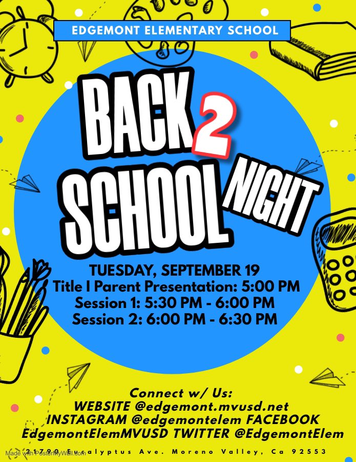 EdgemontElem's tweet photo. Join us Tuesday, Sept 19 for Edgemont's Back to School Night! We look forward to seeing all of our students and their families! ¡Únase a nosotros el martes 19 de septiembre para la Noche de regreso a clases de Edgemont! ¡Esperamos ver a todos nuestros estudiantes y sus familias! https://t.co/1OxDeBgdW5