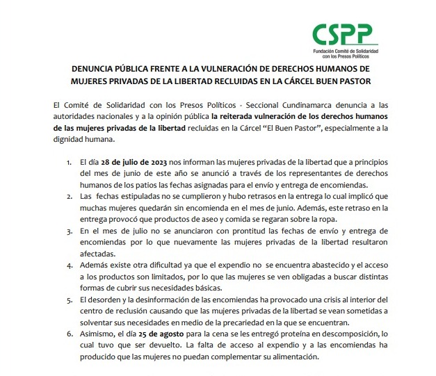 BColombiaCIPPR's tweet photo. La Coordinadora Internacional de Solidaridad y por la libertad de los presos políticos revolucionarios del mundo, se suma a la denuncia hecha por @CSPP_ con respecto a las vulneraciones que padecen las presas de la cárcel Buen Pastor de Bogotá. No + abusos @INPEC_Colombia https://t.co/cBioizKkzI