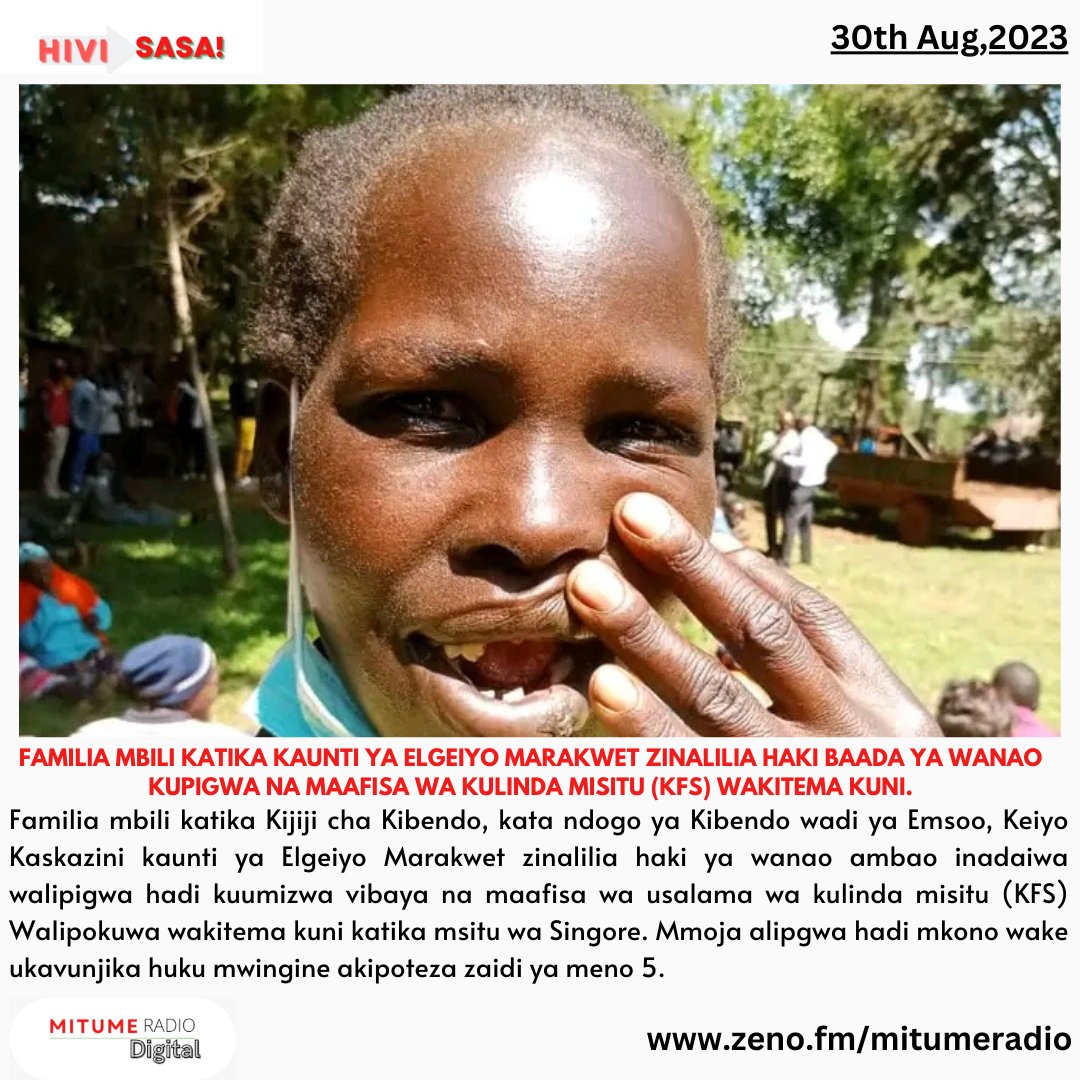 FAMILIA MBILI KATIKA KAUNTI YA ELGEIYO MARAKWET ZINALILIA HAKI BAADA YA WANAO KUPIGWA NA MAAFISA WA KULINDA MISITU (KFS) WAKITEMA KUNI.

30/8/2023.

#HiviSasa.

zeno.fm/mitumeradio