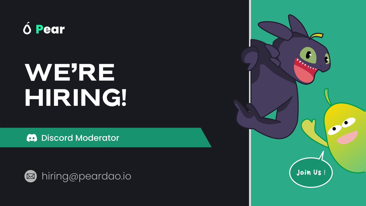 We're hiring a Discord Moderator👨‍💼

🧐Are you ready to make a perfect pear with us?! 

Does this sound like you? 
🟢Fluent English with Web3 spirit.
🟢Have experience on discord bot set up
🟢Engage and help the community

➡️Send your resume - hiring@peardao.io