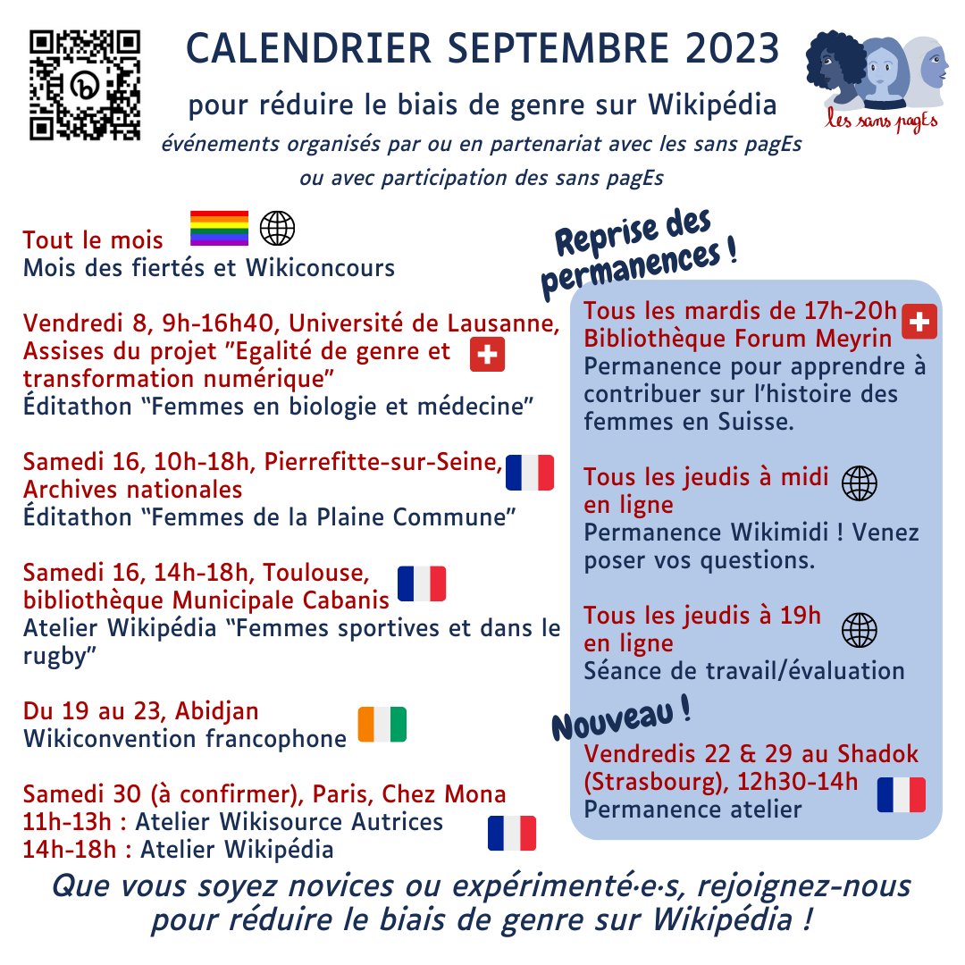 les sans pagEs 💪🏾🧙♀️🏳️🌈 (@lessanspages) on Twitter photo En septembre on réduit le #BiaisDeGenre sur <a href="/Wikipedia_fr/">Wikipédia en français</a> et c'est la reprise des permanences ! : posez vos questions sur notre page de discussion ! Le #moisdesfiertés 🏳️🌈 continue en ligne.
Et vous sur quels articles et depuis quelle ville allez-vous contribuer ? En septembre on réduit le #BiaisDeGenre sur <a href="/Wikipedia_fr/">Wikipédia en français</a> et c'est la reprise des permanences ! : posez vos questions sur notre page de discussion ! Le #moisdesfiertés 🏳️🌈 continue en ligne.
Et vous sur quels articles et depuis quelle ville allez-vous contribuer ?