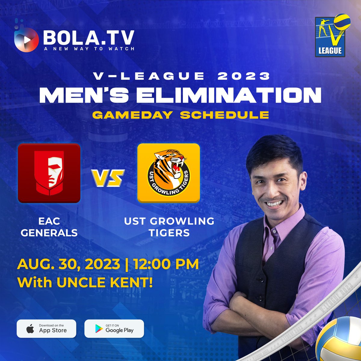 bolatvph's tweet photo. Join Uncle Kent as he covers a thrilling #VLeaguePH game between the #UST Tiger Spikers and the #EAC Generals, who are going for their first victory. 

Be sure to watch the action LIVE on the https://t.co/niwES3YtiL app or website.

#BolaTV #BolaTVPH #VLeague #VLeaguePH https://t.co/Qncq0Bn0L8