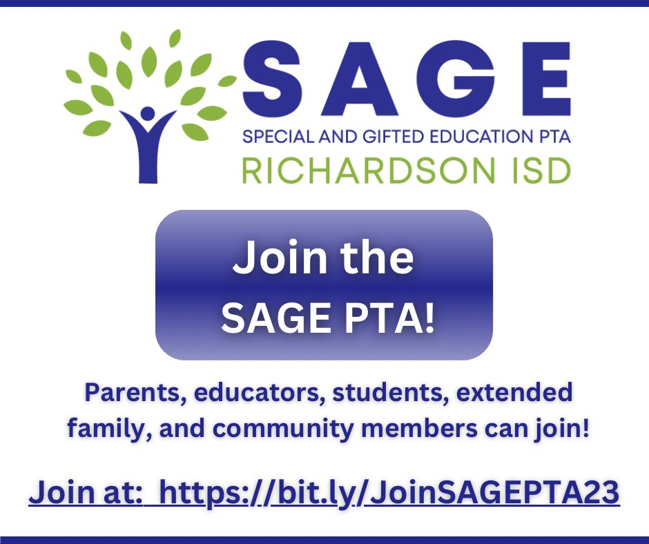 Have you joined SAGE PTA for the 2023-2024 school year?  If not, we hope you’ll join or renew today at bit.ly/JoinSAGEPTA23 ! 

Membership allows SAGE PTA to continue expanding support, awareness, and advocacy… (1/5)
