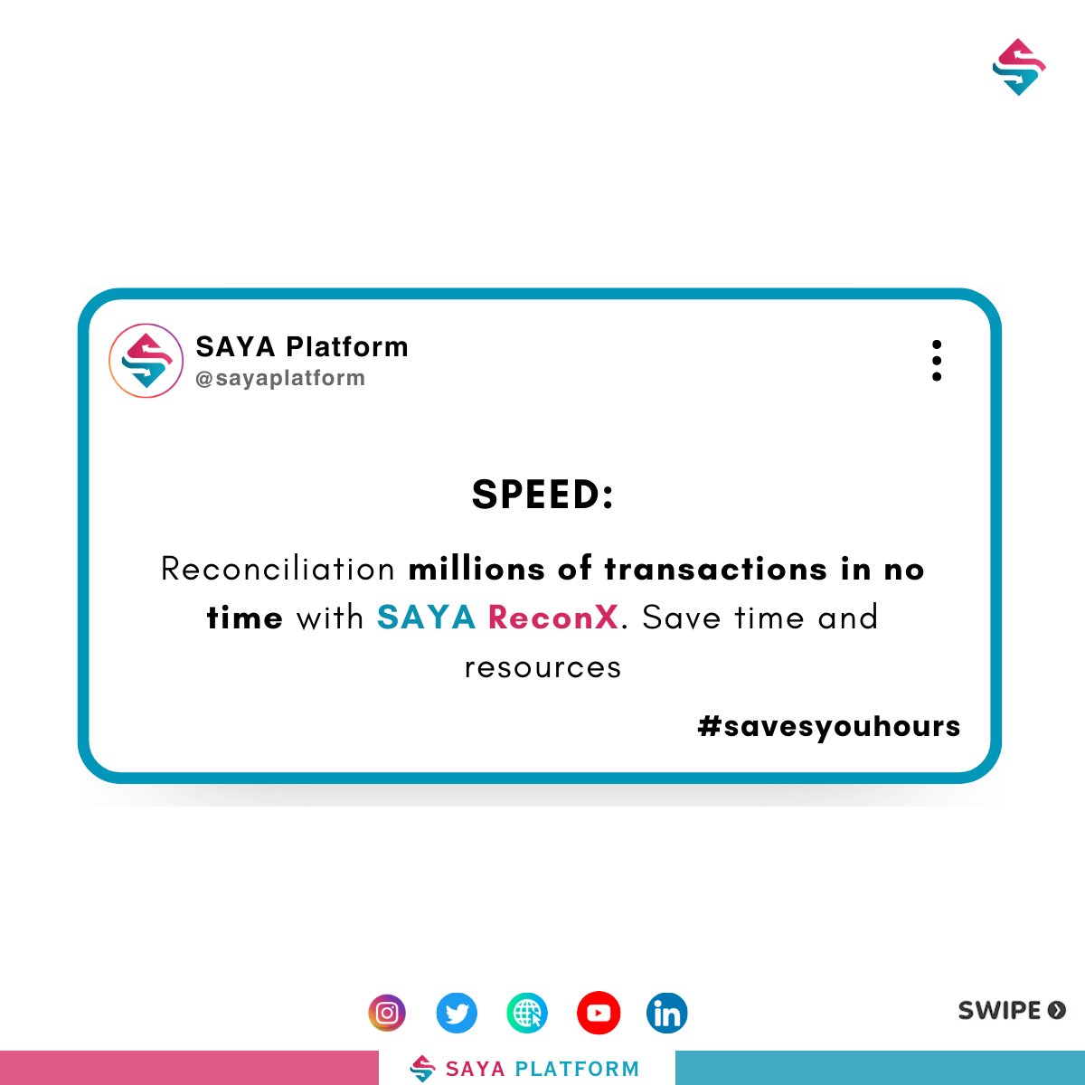 SAYA_Platform's tweet photo. #Discover #Top5 | #SAYAReconX
#MakingBusinessEfficient #SayaPlatform #reconciliation #Fintech #Rs200 #likepro #speed #Wishing #millions #time #ML #noerrors #data #limitless #grow #solution #needs #userfriendly #operations #levels #accuracy #scalability #costeffective #savemoney https://t.co/P2lPGtLc27