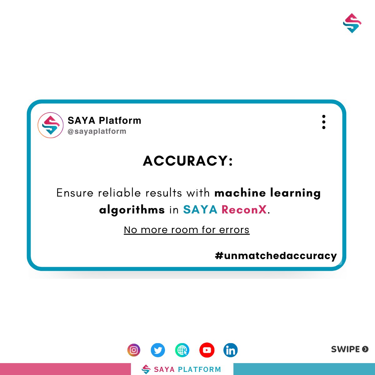 SAYA_Platform's tweet photo. #Discover #Top5 | #SAYAReconX
#MakingBusinessEfficient #SayaPlatform #reconciliation #Fintech #Rs200 #likepro #speed #Wishing #millions #time #ML #noerrors #data #limitless #grow #solution #needs #userfriendly #operations #levels #accuracy #scalability #costeffective #savemoney https://t.co/P2lPGtLc27
