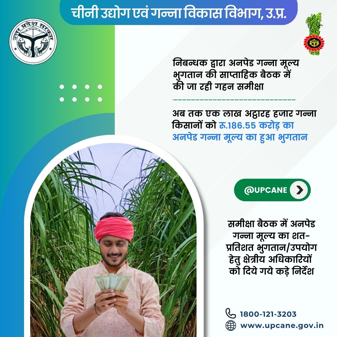 अब तक एक लाख अठारह हजार गन्ना किसानों को रु.186.55 करोड़ का अनपेड गन्ना मूल्य का हुआ भुगतान
#upcane #canepricepayment
#unpaidgannamulya
 <a href="/UPGovt/">Government of UP</a>
<a href="/CMOfficeUP/">CM Office, GoUP</a> <a href="/InfoDeptUP/">Information and Public Relations Department, UP</a>