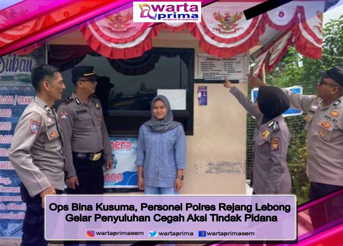 WartaPrima's tweet photo. Ops Bina Kusuma, Personel Polres Rejang Lebong Gelar Penyuluhan Cegah Aksi Tindak Pidana
https://t.co/SriHKc1dz2
#wartaprima
#indonesia
#bengkulu
#mediasiber
#mediaonline
#PolresRejangLebong https://t.co/2Q0uS8jBjf