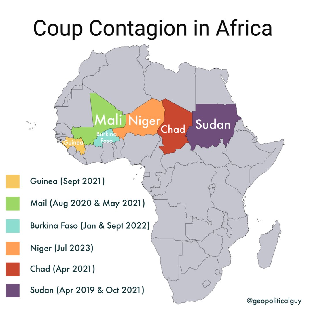 Gabon also falls victim to the coup contagion in Africa? This will be the 10th military coup on the continent since 2019. Last week’s map is already out of date! 

#Gabon #Gabon2023 #GabonElection #GabonElections