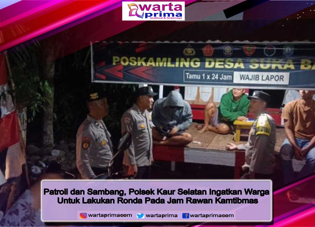 WartaPrima's tweet photo. Patroli dan Sambang, Polsek Kaur Selatan Ingatkan Warga Untuk Lakukan Ronda Pada Jam Rawan Kamtibmas
https://t.co/xlQaNU2Et3
#wartaprima
#indonesia
#bengkulu
#mediasiber
#mediaonline
#patroli 
#polsekkaurselatan https://t.co/3trL813uOA