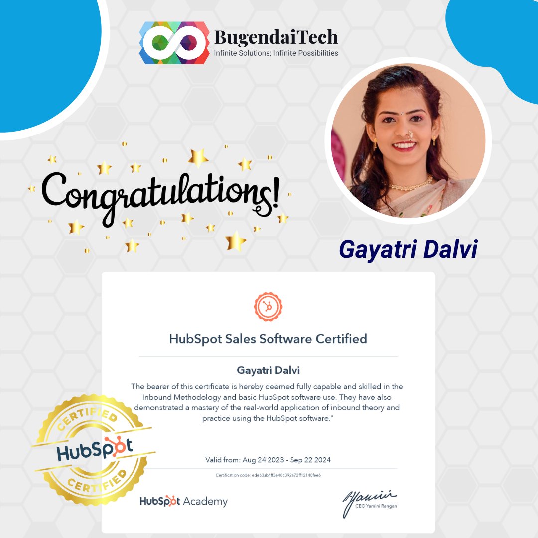 BugendaiTech's tweet image. Congratulations to Gayatri Dalvi for achieving the prestigious &apos;HubSpot Sales Software&apos; certification! 🚀 

#HubSpotCertified #SalesSoftware #SalesExcellence #BugendaiOhana #BugendaiTech #Innovation #Growth #Success #Team