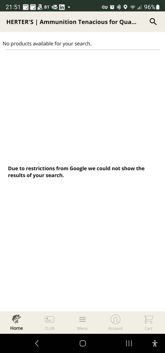 AdamJon82048363's tweet photo. @BassProShops What is with the Google restrictions that prevent me from searching ammunition using Bass Pro Shops App? https://t.co/ytcjkvEWph