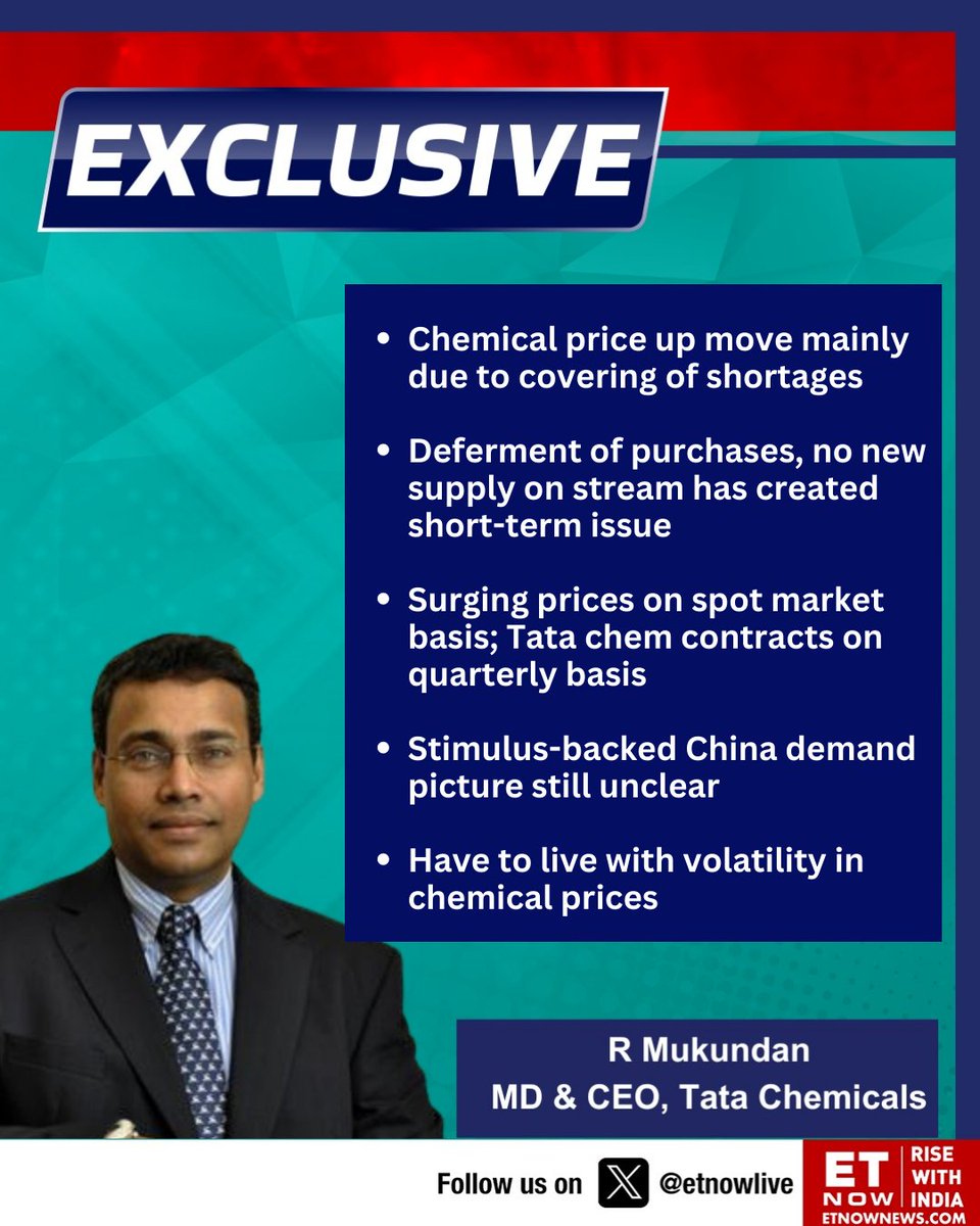 ETNOWlive's tweet photo. #OnETNOW | "Have to live with volatility in chemical prices," @1mukund MD &amp; CEO, @TataChemicals says. https://t.co/bZN6lcye3F