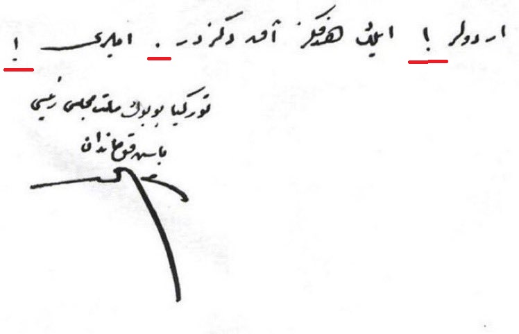 SedatBalyemez1's tweet photo. Evet, o yıllarda da noktalama işaretleri vardı. Cümle sonunda nokta olurdu. 
Seslenmelerde ve heyecan bildirmede ünlem kullanılırdı. Zannederim "ünlem"in o zamanki adı "taaccübiye" idi.

Ünlemin bu kadar yakıştığı çok az cümle vardır: 

Ordular! İlk hedefiniz Akdeniz’dir. İleri! https://t.co/WWVF9DZX61