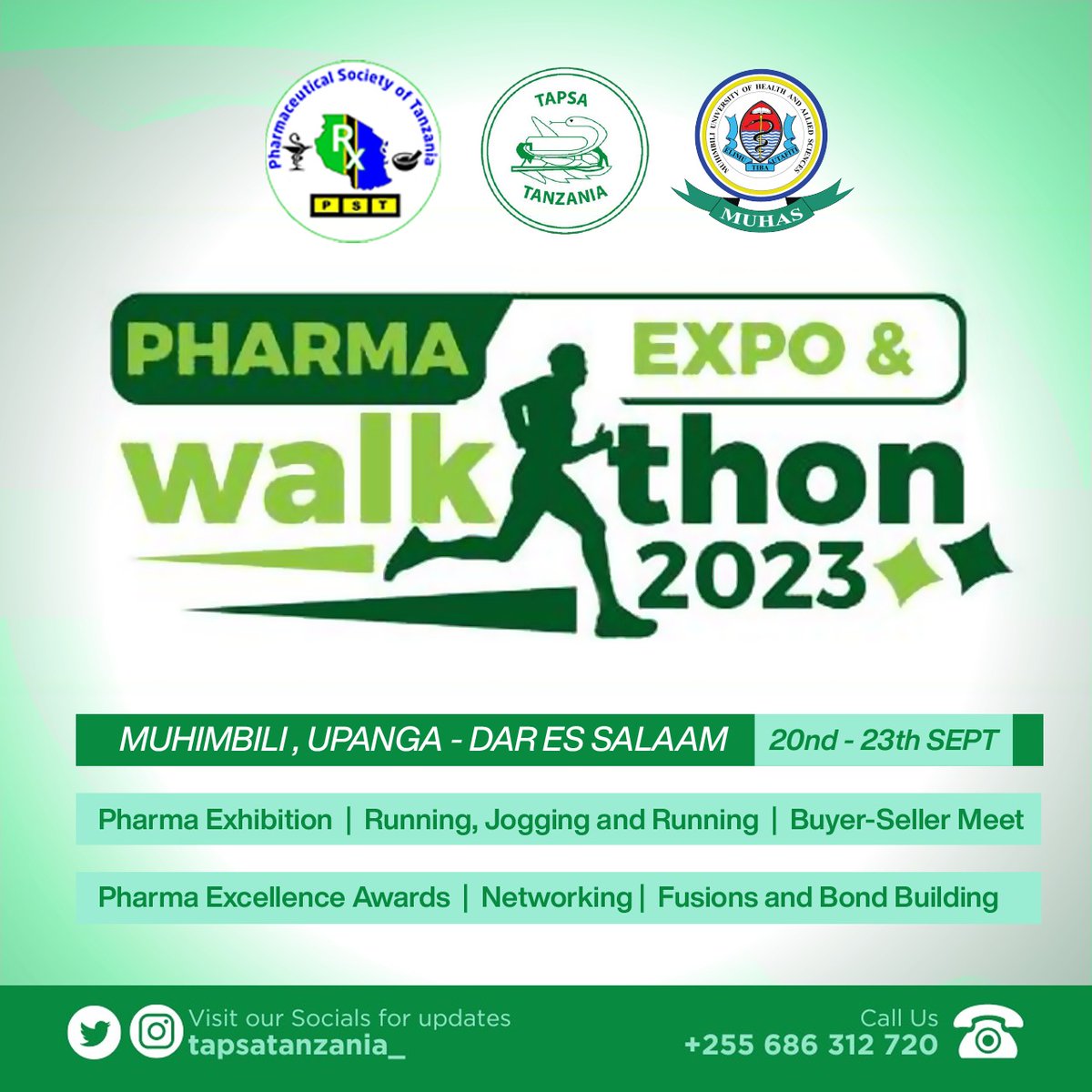 Chama cha wanafunzi wa famasi TAPSA kwa kushirikiana na Skuli ya Famasi - chuo kikuu cha Muhimbili(MUHAS) na Chama cha wafamasia Tanzania (PST) inakuletea...

PHARMA EXPO AND WALKATHON 2023-MSIMU  WA KWANZA.

Tarehe 20, 21 na 22 Septemba 2023, Maonyesho ya Huduma za Dawa,....
