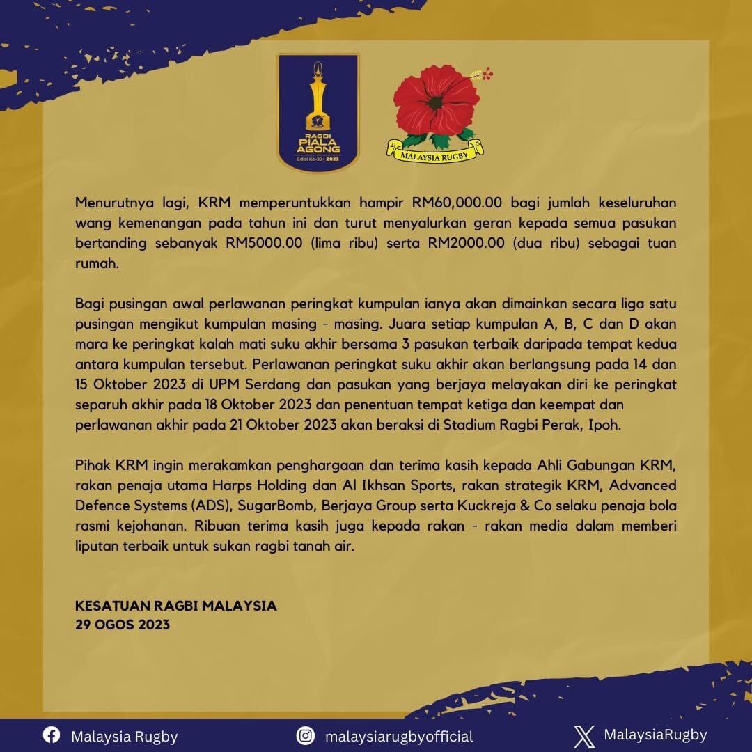 SIARAN MEDIA

KEJOHANAN RAGBI PIALA AGONG EDISI KE-39, 2023

#malaysiarugbyofficial #malaysiarugby #pialaagong2023 #agongcup